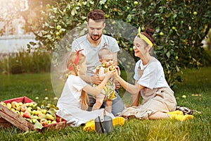 The happy young family during picking apples in a garden outdoors