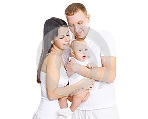 Happy young family, portrait of parents with cute baby