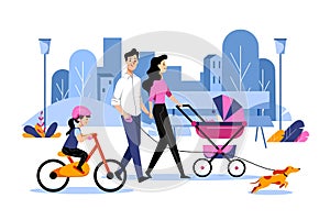 Happy young family with two kids and dog enjoy weekend walking in town park. Vector flat cartoon illustration