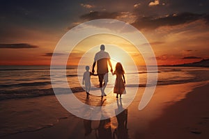 happy young family with two kids walking on beach at beautiful summer sunset, rear view of A happy family in walks hand in hand
