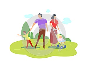 Happy young family walks together on green nature in summer. Vector flat illustration.