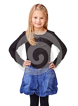 Happy, young and fashion with portrait of child in studio for cool, student and casual style. Smile, youth and