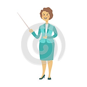 Happy young female business woman or teacher with pointer in hand. Isolated on white background.