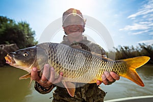 Happy young fisherman holds the big Carp fish