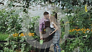 Happy young florist family in apron have fun during working in greenhouse. Attractive man embrace and kiss his wife