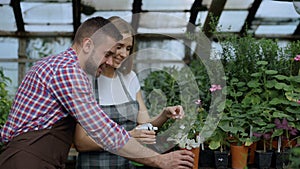 Happy young florist family in apron working in greenhouse. Attractive man embrace and kiss his wife while she watering