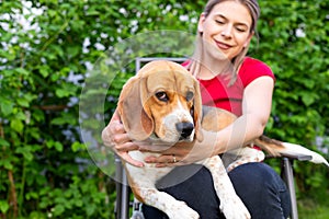 Happy young girl with her pet (beagle dog