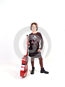 Happy Young Girl with Her Red Guitar