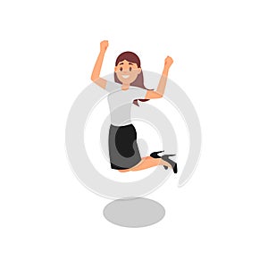 Happy young girl jumping with clenching fists. Successful office worker. Woman in formal outfit. Flat vector