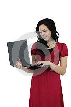 happy young girl with laptop computer