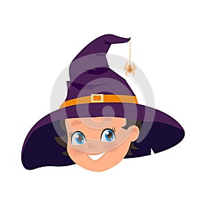 Happy Young girl in old hat and spider on hat. Halloween holiday costume of little witch. Portrait of smiling female