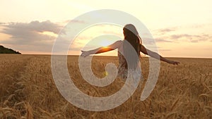 Happy young girl runs in slow motion across field, touching ears of wheat with her hand. Beautiful free woman enjoying