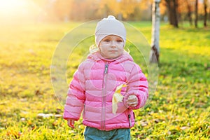 Happy young girl smiling in beautiful autumn park on nature walks outdoors. Little child playing with falling yellow maple leaf in