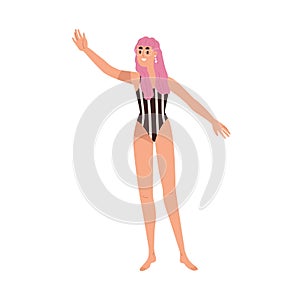 Happy young girl in swimwear gesturing hi. Modern woman in summer beach swimsuit waving with hand, greeting, welcoming