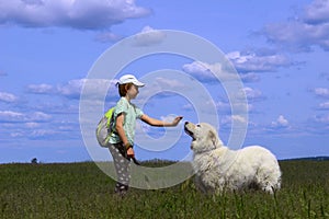 Happy girl playing with her pet dog.