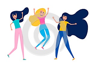 Happy young girls best friends girls jumping. Vector illustration