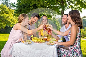 Happy young group of five teenage friends enjoying picnic party in park