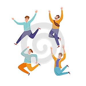 Happy young guy jumping in different poses vector illustration