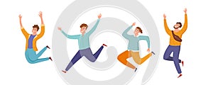 Happy young guys jumping in different poses vector illustration.
