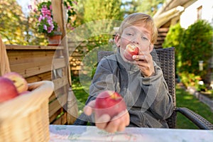 Happy young handsome boy eating apple in the backyard