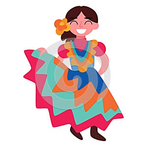 Happy young Hispanic dancer-girl in long colorful dress vector illustration photo