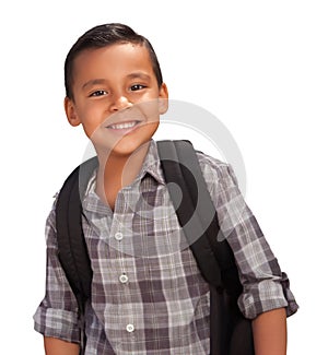 Happy Young Hispanic School Boy Wearing Backpack Isolated on a White Background