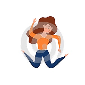 Happy young jumping girl vector illustration. Cartoon concept