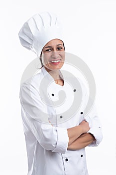 Happy young latine woman chef cook smiling at camera with chef outfit isolated on white background. Vertical format