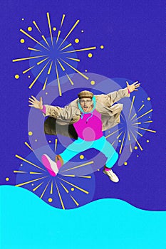 Happy young man cheerfully jumping on snow over blue background with fireworks. Contemporary art collage. Poster