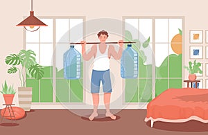 Happy young man doing sport exercises with big plastic bottles with water vector flat illustration.