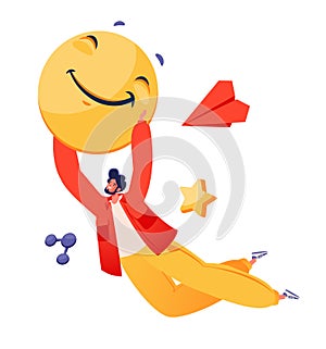 Happy young man flying in the air and holding his hand to a smiling emoji.