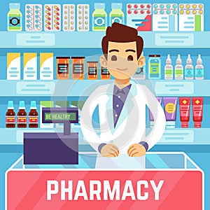 Happy young man pharmacist sells medications in pharmacy or drugstore. Pharmacology and healthcare vector concept