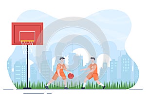 Happy Young Man Playing Basketball Flat Design Illustration Wearing Basket Uniform in Outdoor Court for Background or Poster