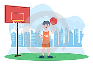 Happy Young Man Playing Basketball Flat Design Illustration Wearing Basket Uniform in Outdoor Court for Background or Poster