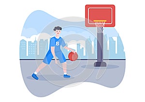 Happy Young Man Playing Basketball Flat Design Illustration Wearing Basket Uniform in Outdoor Court for Background or Poster