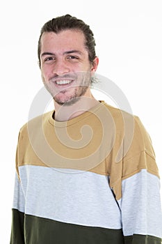 Happy young man portrait handsome guy in casual sweater shirt long haired smiling standing against white background