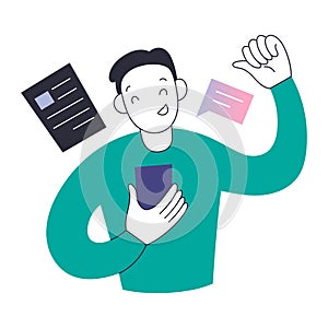 Happy young man reading good news using his smartphone, raising hand, fist in yes gesture, vector illustration
