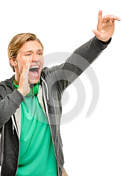 Happy young man shouting isolated on white background