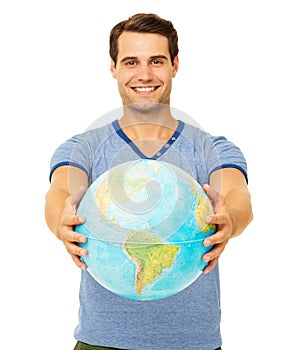 Happy Young Man Showing Globe