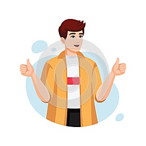 Happy Young Man is Showing thumbs up. Person show Thumb Up Sign. Vector flat illustration cartoon style.