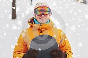 Happy young man in ski goggles outdoors