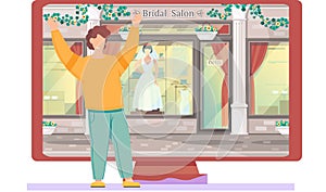 Happy young man standing near big monitor with bridal salon storefront, makes a wedding website