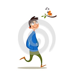 Happy young man is touched by a singing bird. Joyful smiling guy outdoor. Enjoy the little things. Emotional condition. Vector photo