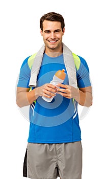 Happy Young Man With Towel And Water Bottle