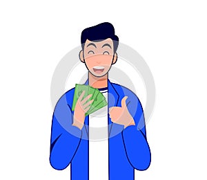 Happy young man trading stocks, cryptocurrency, market get profit,hold cash making thumb up sign, investing concepts, Candlestick