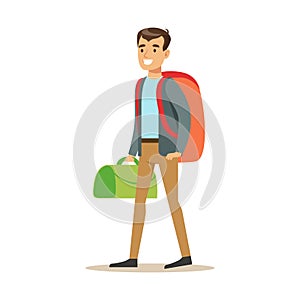 Happy young man traveler standing with backpack and suitcase. Summer travel colorful cartoon character vector