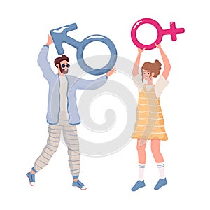 Happy young man and woman in casual clothes holding male and female signs vector flat illustration.