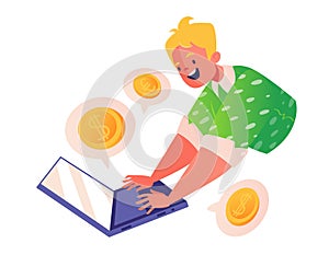 Happy young man, working at his laptop. Vector cartoon character is very excited, successful businessman