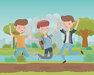 Happy young men celebrating in the park scene vector illustration