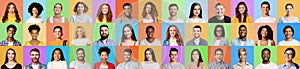 Happy Young Men And Women Faces Smiling On Colorful Backgrounds